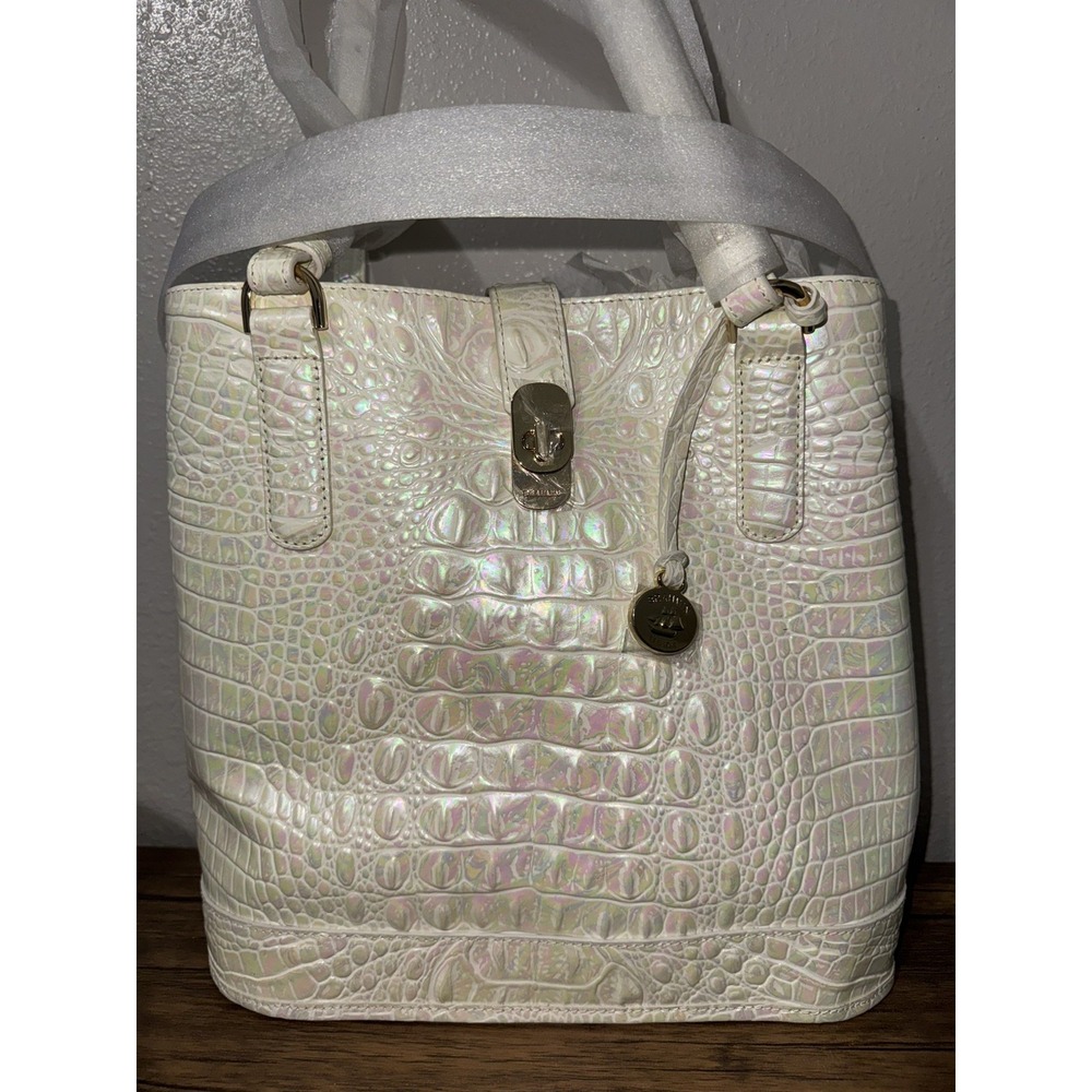 Brahmin Croc Embossed Milk White NWT Handbag Genuine Leather Iridescent